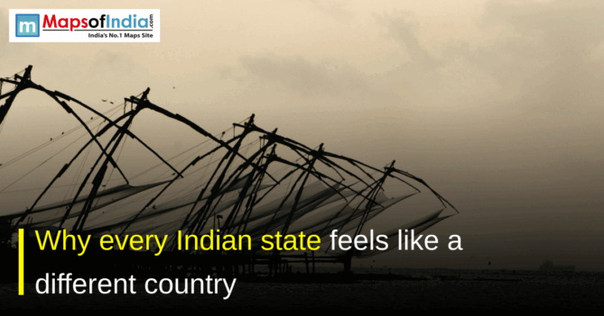 Sunset view of traditional Chinese fishing nets along a calm waterfront, with the text “Why every Indian state feels like a different country” and the MapsofIndia.com logo displayed on the image.