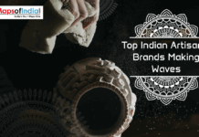 Top Indian Artisanal Brands Making Waves A close-up of an artisan dusting a handcrafted clay pot, with decorative mandala designs and the text “Top Indian Artisanal Brands Making Waves” displayed on a dark background alongside the Maps of India logo