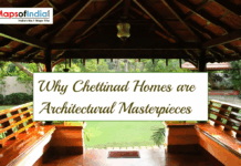 Why Chettinad Homes are Architectural Masterpieces Chettinad home veranda with wooden roof, benches, garden view, and title text overlay.