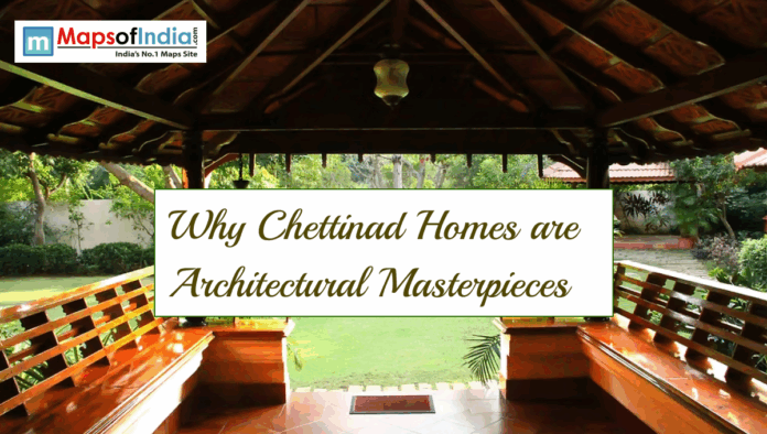 chettinad Chettinad home veranda with wooden roof, benches, garden view, and title text overlay.