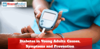 Diabetes in Young Adults: Causes, Symptoms and Prevention Healthcare professional using a glucometer to check blood sugar levels of a young adult, highlighting diabetes awareness, symptoms, and prevention.