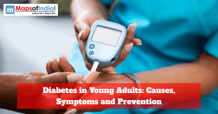 Healthcare professional using a glucometer to check blood sugar levels of a young adult, highlighting diabetes awareness, symptoms, and prevention.