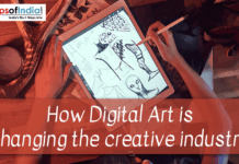 How Digital Art is changing the creative industry Person sketching digital artwork on a tablet with a stylus, surrounded by art tools, with the text “How Digital Art is changing the creative industry” and a Maps of India logo visible