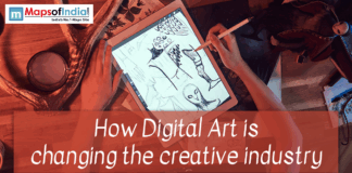 How Digital Art is changing the creative industry Person sketching digital artwork on a tablet with a stylus, surrounded by art tools, with the text “How Digital Art is changing the creative industry” and a Maps of India logo visible