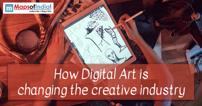 Person sketching digital artwork on a tablet with a stylus, surrounded by art tools, with the text “How Digital Art is changing the creative industry” and a Maps of India logo visible