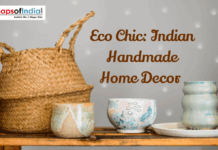 Eco Chic: Indian Handmade Home Decor Banner image featuring eco chic Indian handmade home decor items, including a woven basket and ceramic pots displayed on a wooden shelf with the title text “Eco Chic: Indian Handmade Home Decor.”