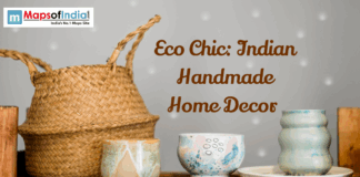 Eco Chic: Indian Handmade Home Decor Banner image featuring eco chic Indian handmade home decor items, including a woven basket and ceramic pots displayed on a wooden shelf with the title text “Eco Chic: Indian Handmade Home Decor.”
