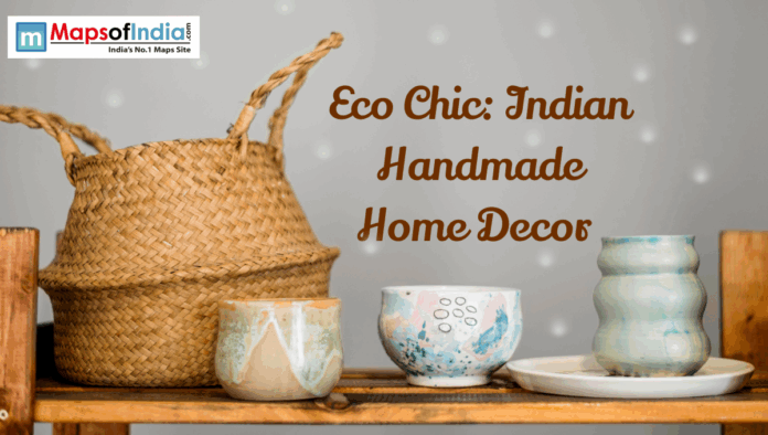 handmade Banner image featuring eco chic Indian handmade home decor items, including a woven basket and ceramic pots displayed on a wooden shelf with the title text “Eco Chic: Indian Handmade Home Decor.”