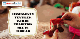 Handwoven Textiles: Where Tradition Meets Thread Hands weaving a small handmade textile piece with red thread and needle, alongside the title “Handwoven Textiles: Where Tradition Meets Thread” displayed on the left