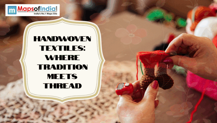 Hands weaving a small handmade textile piece with red thread and needle, alongside the title “Handwoven Textiles: Where Tradition Meets Thread” displayed on the left