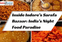 Inside Indore’s Sarafa Bazaar: India’s Night Food Paradise A collage of four traditional Indian street food dishes from Indore’s Sarafa Bazaar, including Gulab Jamun, Malpua, and Jalebi, with a text overlay that reads "Inside Indore’s Sarafa Bazaar: India’s Night Food Paradise."