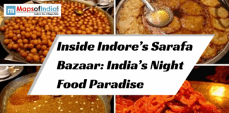 Inside Indore’s Sarafa Bazaar: India’s Night Food Paradise A collage of four traditional Indian street food dishes from Indore’s Sarafa Bazaar, including Gulab Jamun, Malpua, and Jalebi, with a text overlay that reads "Inside Indore’s Sarafa Bazaar: India’s Night Food Paradise."