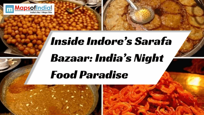 A collage of four traditional Indian street food dishes from Indore’s Sarafa Bazaar, including Gulab Jamun, Malpua, and Jalebi, with a text overlay that reads "Inside Indore’s Sarafa Bazaar: India’s Night Food Paradise."