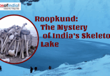 Roopkund: The Mystery of India’s Skeleton Lake Graphic of Roopkund’s snowy lake with trekkers and an inset of skeleton remains.
