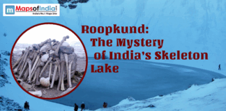 Roopkund: The Mystery of India’s Skeleton Lake Graphic of Roopkund’s snowy lake with trekkers and an inset of skeleton remains.