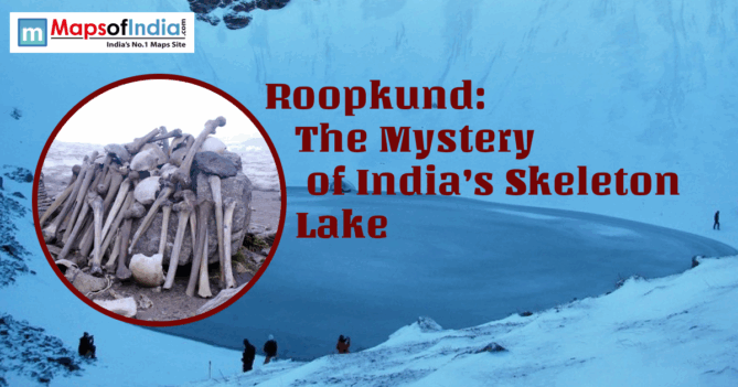 Graphic of Roopkund’s snowy lake with trekkers and an inset of skeleton remains.