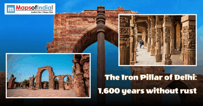 the Iron Pillar of delhi The ancient Iron Pillar of Delhi at the Qutub Minar complex, a 1,600-year-old rust-resistant monument standing amidst historic stone arches and pillars