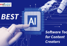 Best AI Software Tools for Content Creators Graphic of robotic hands touching an AI chip for content creators.