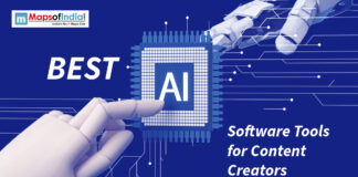 Best AI Software Tools for Content Creators Graphic of robotic hands touching an AI chip for content creators.