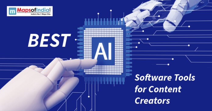 Graphic of robotic hands touching an AI chip for content creators.