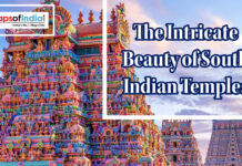 The Intricate Beauty of South Indian Temples Colorful South Indian temple towers with ornate carvings and a title graphic about their intricate beauty.