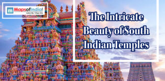 The Intricate Beauty of South Indian Temples Colorful South Indian temple towers with ornate carvings and a title graphic about their intricate beauty.
