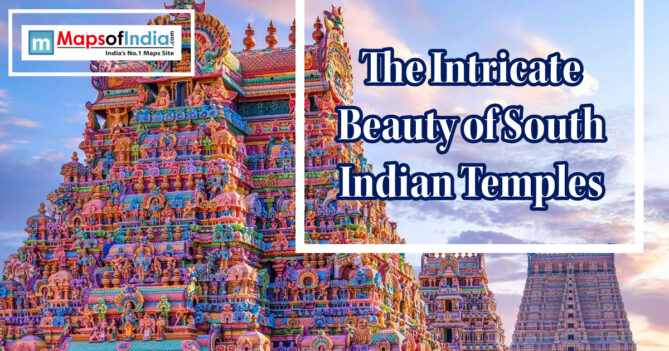 Colorful South Indian temple towers with ornate carvings and a title graphic about their intricate beauty.