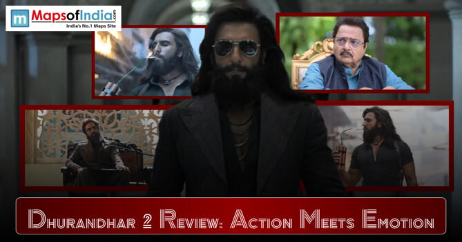 Dhurandhar 2 movie review poster featuring lead actor in a stylish action look, with scenes highlighting intense action, emotional moments, and key supporting characters.