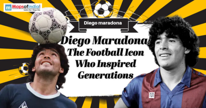 Diego Maradona with football, celebrating his legacy as an iconic player who inspired generations.