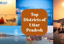 Top Districts of Uttar Pradesh Collage of Uttar Pradesh landmarks with ghats, boats, Taj Mahal, and text “Top Districts of Uttar Pradesh”