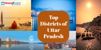 Top Districts of Uttar Pradesh Collage of Uttar Pradesh landmarks with ghats, boats, Taj Mahal, and text “Top Districts of Uttar Pradesh”