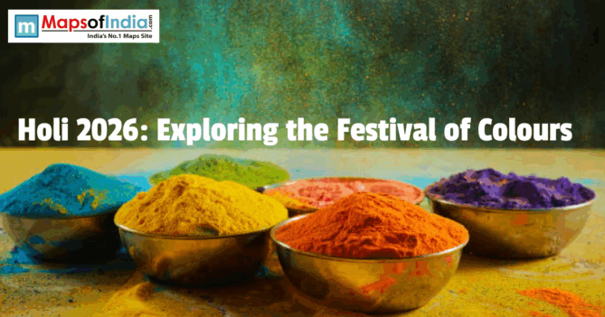 Bowls of colorful gulal powder with text for Holi 2026: Exploring the Festival of Colours.