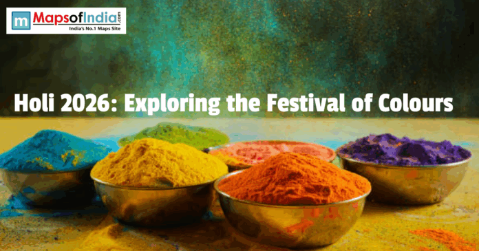 Holi Bowls of colorful gulal powder with text for Holi 2026: Exploring the Festival of Colours.