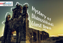 Mystery of Dhanushkodi Ghost Town Ruined stone church walls in Dhanushkodi ghost town under a golden sunset sky with the text "Mystery of Dhanushkodi Ghost Town."