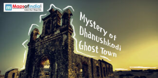 Mystery of Dhanushkodi Ghost Town Ruined stone church walls in Dhanushkodi ghost town under a golden sunset sky with the text "Mystery of Dhanushkodi Ghost Town."
