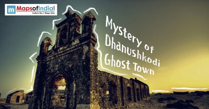 Ruined stone church walls in Dhanushkodi ghost town under a golden sunset sky with the text "Mystery of Dhanushkodi Ghost Town."