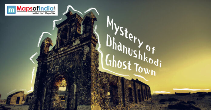 Ruined stone church walls in Dhanushkodi ghost town under a golden sunset sky with the text "Mystery of Dhanushkodi Ghost Town."