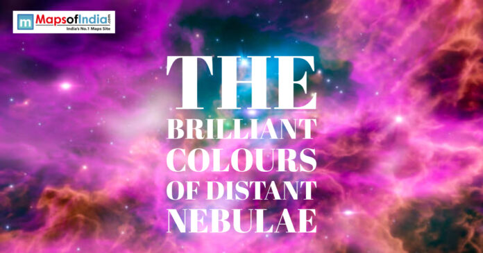 Poster showing a vibrant pink and purple nebula in deep space with the title “The Brilliant Colours of Distant Nebulae”.