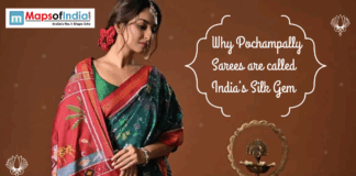 Why Pochampally Sarees Are Called India’s Silk Gem Woman wearing a traditional Pochampally silk saree with vibrant Ikat patterns and red-green drape, alongside text reading “Why Pochampally Sarees are called India’s Silk Gem” and Maps of India logo