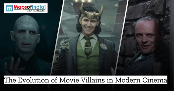 Collage of iconic movie villains representing the evolution of antagonists in modern cinema, featured with the title “The Evolution of Movie Villains in Modern Cinema.”