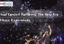Virtual Concert Platforms: The New Era of Music Experiences A band performs on stage under a starry light projection for an article titled "Virtual Concert Platforms: The New Era of Music Experiences" by Maps of India