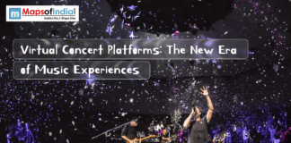 Virtual Concert Platforms: The New Era of Music Experiences A band performs on stage under a starry light projection for an article titled "Virtual Concert Platforms: The New Era of Music Experiences" by Maps of India