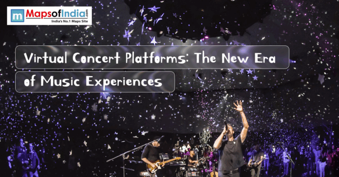 A band performs on stage under a starry light projection for an article titled "Virtual Concert Platforms: The New Era of Music Experiences" by Maps of India