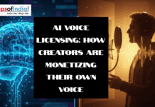 AI Voice Licensing: How Creators Are Monetizing Their Own Voice Illustration of AI brain graphics and a voice artist recording in a studio representing AI voice licensing and creators monetizing their voices