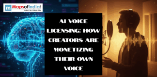 AI Voice Licensing: How Creators Are Monetizing Their Own Voice Illustration of AI brain graphics and a voice artist recording in a studio representing AI voice licensing and creators monetizing their voices