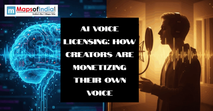 Illustration of AI brain graphics and a voice artist recording in a studio representing AI voice licensing and creators monetizing their voices