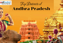Top Districts of Andhra Pradesh Illustration of Andhra Pradesh showcasing a classical dancer, temple architecture, and cultural elements with the title “Top Districts of Andhra Pradesh”.