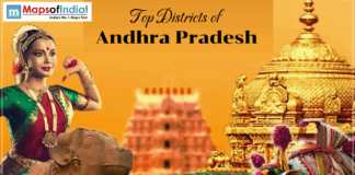 Top Districts of Andhra Pradesh Illustration of Andhra Pradesh showcasing a classical dancer, temple architecture, and cultural elements with the title “Top Districts of Andhra Pradesh”.