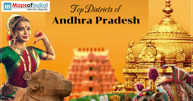 Illustration of Andhra Pradesh showcasing a classical dancer, temple architecture, and cultural elements with the title “Top Districts of Andhra Pradesh”.