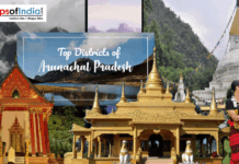 Top Districts of Arunachal Pradesh visuals of landscapes, temple architecture, and interface elements with a text "top districts of arunachal pradesh"